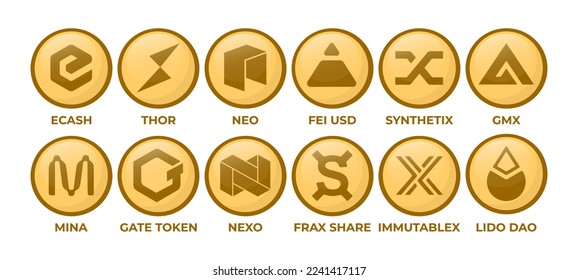 Set of Cryptocurrency Logo Coins: eCash, THORChain, Neo, Fei USD, Synthetix, GMX, Mina, GateToken, Nexo, Frax Share, ImmutableX, Lido DAO