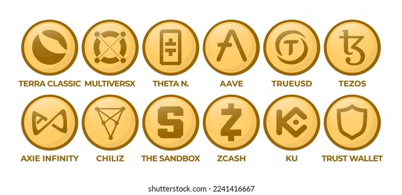 Set of Cryptocurrency Logo Coins: Terra Classic, MultiversX, Theta Network, Aave, TrueUSD, Tezos, Axie Infinity, Chiliz, The Sandbox, Zcash, KuCoin, Trust Wallet svg