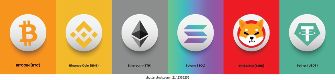 Conjunto de logotipo de criptodivisa y banner de símbolo para el concepto virtual descentralizado de efectivo. Colección de las monedas de Bitcoin BTC, Binance Coin BNB, Ethereum ETC, Solana SOL, Shiba Inu SHIB y otras monedas de cifrado USDT 