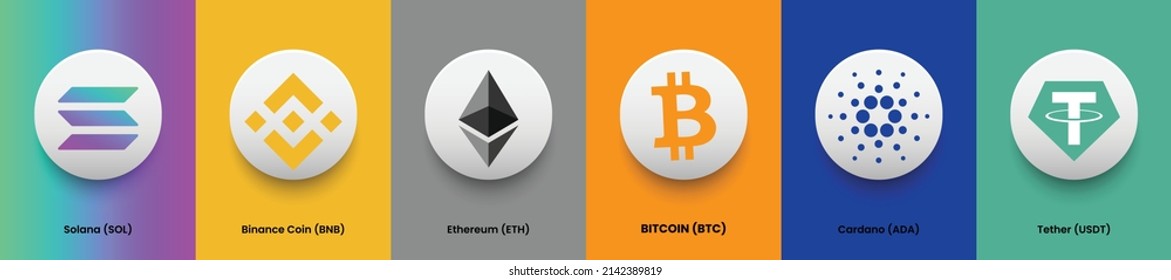 Set of cryptocurrency logo and symbol banner for virtual cash decentralized concept. Collection of Bitcoin BTC, Binance Coin BNB, Ethereum ETC, Solana SOL, Cardano ADA and Tether USDT crypto coins 