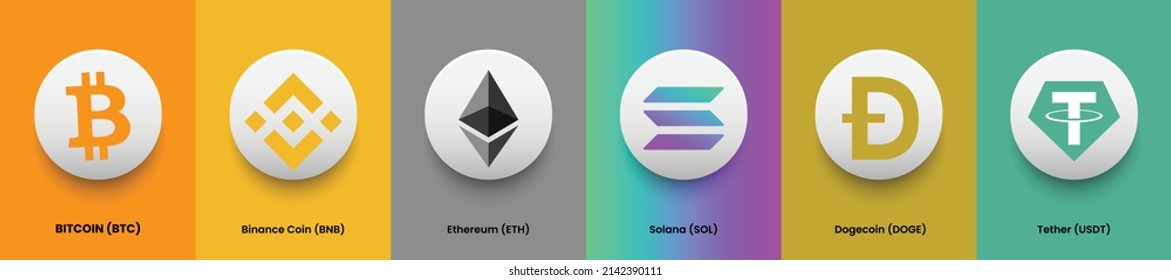 Set of cryptocurrency logo and symbol banner for virtual cash decentralized concept. Collection of Bitcoin BTC, Binance Coin BNB, Ethereum ETC, Solana SOL, Dogecoin DOGE and Tether USDT crypto coins 