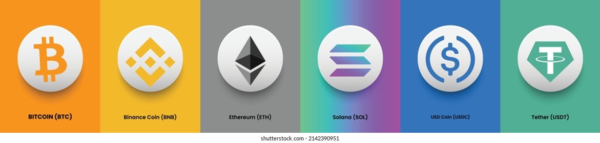 Set of cryptocurrency logo and symbol banner for virtual cash decentralized concept. Collection of Bitcoin BTC, Binance Coin BNB, Ethereum ETC, Solana SOL, USD Coin USDC and Tether USDT crypto coins 