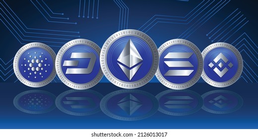 Set of cryptocurrency logo symbol vector technology banner. Crypto icons of ethereum, Dashcoin, Solana, Binance coin and Cardano altcoins.