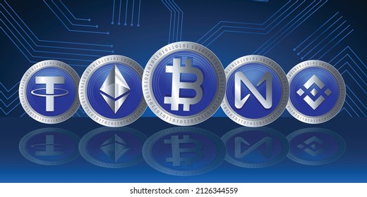 Set of cryptocurrency logo symbol vector technology banner. Crypto icons of Bitcoin BTC, Near Protocol, Binance Coin, Ethereum ETH and Tether USDT symbols. svg
