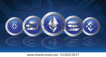 Set of cryptocurrency logo symbol vector technology banner. Crypto icons of ethereum, Dashcoin, Solana, Binance coin and Cardano altcoins.