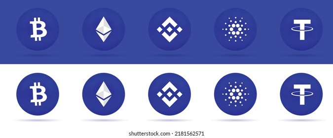 Set of Cryptocurrency logos of Bitcoin BTC, Ethereum ETH, Cardano ADA, Binance BNB and Tether USDT coins. 