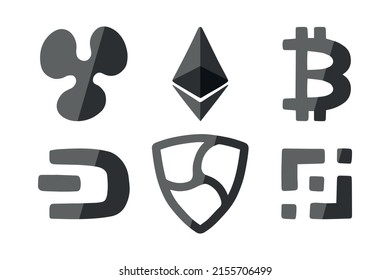 Un conjunto de logos de criptodivisa -bitcoin, etéreo, rizo, guión, nombre, moneda binante.