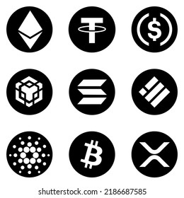 Set of cryptocurrency logos. official symbols.
Top 9 cryptocurrencies by market cap. Black and white round icons.