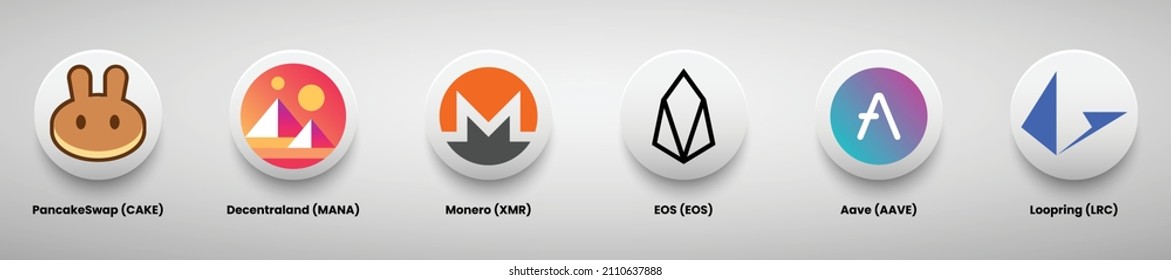 Set of cryptocurrency logos vector illustration. Pancakeswap, Decentraland, Monero, Eos, Aave, and loopring crypto brands. 
