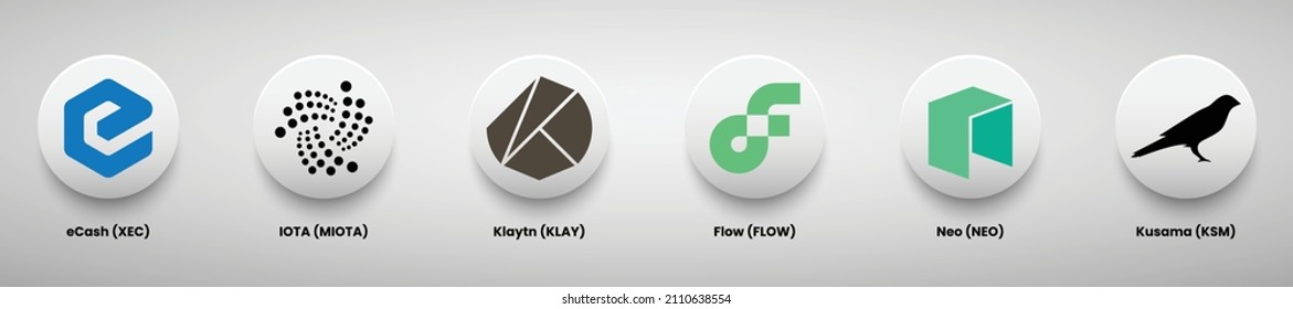 Satz von kryptowährenden Logos, Vektorgrafik. Vorlage für kryptografische Logos von eCash, Iota, Klatyn, Flow, Neo und Kusama.