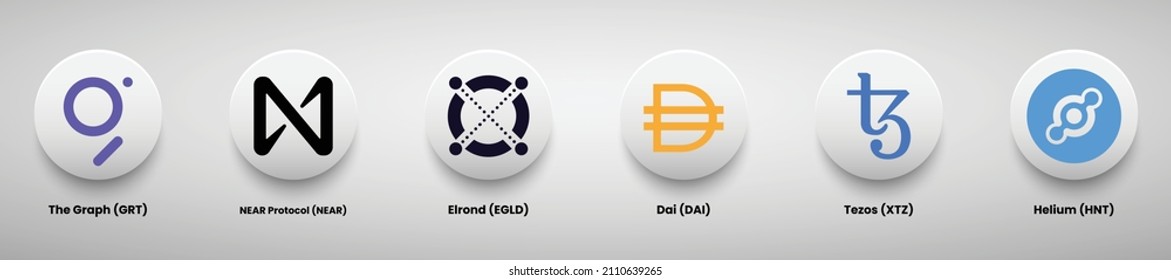 Set of cryptocurrency logos vector illustration. The Graph, Near Protocol, Elrond, Dai, Tezos and Helium crypto logos template