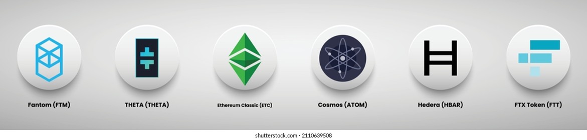 Set of cryptocurrency logos vector illustration. Fantom, Theta, Ethereum Classic, Cosmos, Hedera, and FTX token crypto logos template