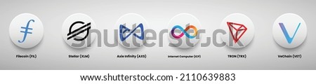 Set of cryptocurrency logos vector illustration. Filecoin, Stellar, Axie Infinity, Internet computer, Tron and Vechain crypto logos template