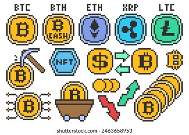 Conjunto de criptomonedas en estilo de píxel. Moneda dólar, bitcoin, ethereum, ripple, litecoin y coin. Ilustración vectorial
