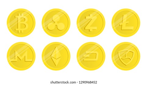 A set of cryptocurrency. Popular cryptocurrencies. Bitcoin