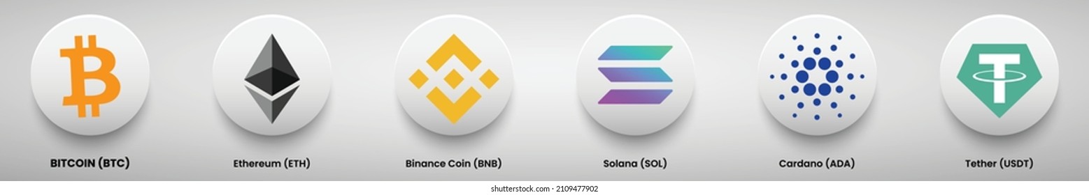 A set of cryptocurrency symbol and logos of Bitcoin, Ethereum, Binance coin, Solana, Cardano and Tether svg