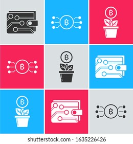 Set Cryptocurrency wallet, Cryptocurrency bitcoin in circle with microchip circuit and Bitcoin plant in the pot icon. Vector