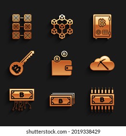Set Cryptocurrency wallet, bitcoin, with circuit, cloud mining,  and key icon. Vector