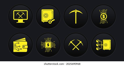 Set Cryptocurrency wallet, bitcoin in circuit, Processor chip with dollar, Crossed pickaxe, Pickaxe and Proof of stake icon. Vector