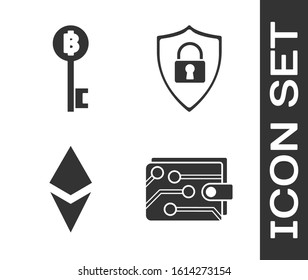 Set Cryptocurrency wallet, Cryptocurrency Bitcoin key, Cryptocurrency coin Ethereum ETH and Shield security with lock icon. Vector