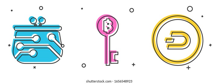Set Cryptocurrency wallet, Cryptocurrency Bitcoin key and Cryptocurrency coin Dash icon. Vector