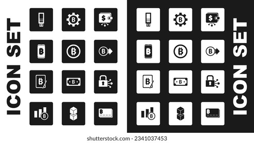 Set Cryptocurrency wallet, Bitcoin, Mining bitcoin from mobile, USB flash drive, Lock with and tablet icon. Vector