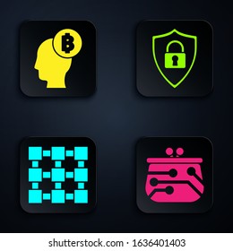 Set Cryptocurrency wallet, Bitcoin think, Blockchain technology and Shield security with lock. Black square button. Vector