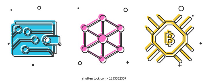 Set Cryptocurrency wallet, Blockchain technology and CPU mining farm icon. Vector