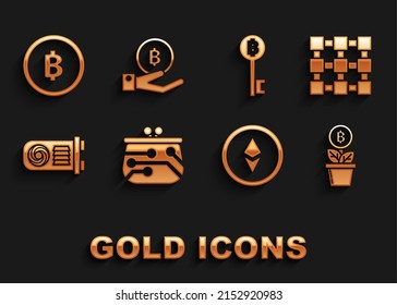 Set Cryptocurrency wallet, Blockchain technology, Bitcoin plant the pot, Ethereum ETH, Mining farm, key,  and Hand holding icon. Vector