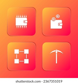 Establece la cartera Cryptocurrency, , tecnología Blockchain e icono Pickaxe. Vector