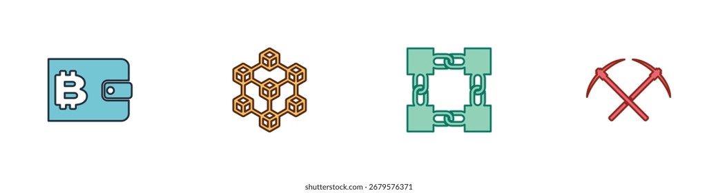 Definir carteira criptomoeda, tecnologia Blockchain e ícone de picareta cruzada. Vetor