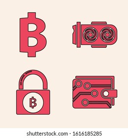 Set Cryptocurrency wallet, Cryptocurrency coin Bitcoin, Mining farm and Lock with bitcoin icon. Vector