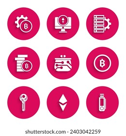 Set Cryptocurrency wallet, coin Ethereum ETH, USB flash drive, Bitcoin, key, Server and gear and  icon. Vector