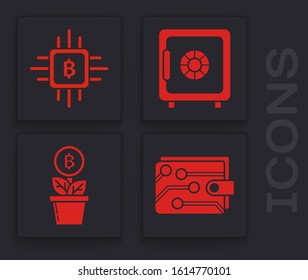 Set Cryptocurrency wallet, CPU mining farm, Safe and Bitcoin plant in the pot icon. Vector