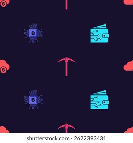 Set Cryptocurrency wallet, CPU mining farm, Pickaxe and cloud on seamless pattern. Vector