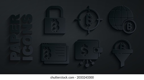 Establece la cartera Cryptocurrency, el Bitcoin de Globe, el navegador, el embudo Sales con bitcoin, el destino y el icono Lock. Vector