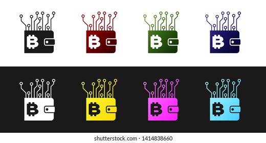 Set Cryptocurrency wallet icon isolated on black and white background. Wallet and bitcoin sign. Mining concept. Money, payment, cash, pay icon. Vector Illustration