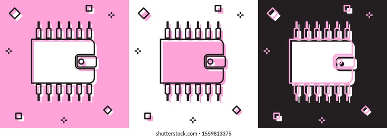 Set Cryptocurrency wallet icon isolated on pink and white, black background. Wallet and bitcoin sign. Mining concept. Money, payment, cash, pay icon.  Vector Illustration