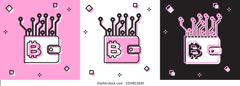 Set Cryptocurrency wallet icon isolated on pink and white, black background. Wallet and bitcoin sign. Mining concept. Money, payment, cash, pay icon.  Vector Illustration