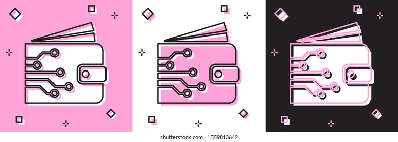 Set Cryptocurrency wallet icon isolated on pink and white, black background. Wallet and bitcoin sign. Mining concept. Money, payment, cash, pay icon.  Vector Illustration
