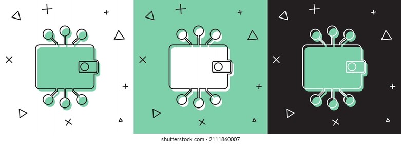 Set Cryptocurrency wallet icon isolated on white and green, black background. Wallet and bitcoin sign. Mining concept. Money, payment, cash, pay icon.  Vector