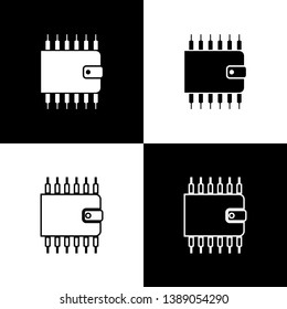 Set Cryptocurrency wallet icons on black and white background. Wallet and bitcoin sign. Mining concept. Money, payment, cash, pay icon. Line, outline and linear icon. Vector Illustration