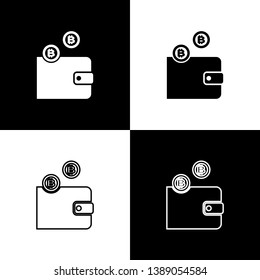 Set Cryptocurrency wallet icons on black and white background. Wallet and bitcoin sign. Mining concept. Money, payment, cash, pay icon. Line, outline and linear icon. Vector Illustration
