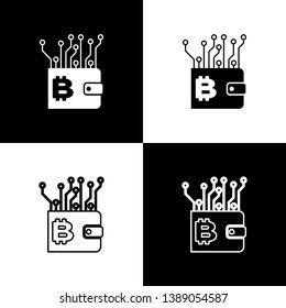 Set Cryptocurrency wallet icons on black and white background. Wallet and bitcoin sign. Mining concept. Money, payment, cash, pay icon. Line, outline and linear icon. Vector Illustration