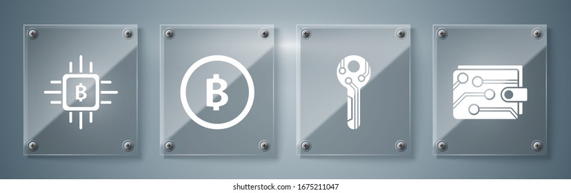 Establecer monedero de criptodivisa, clave de criptodivisa, moneda de criptografía Bitcoin y granja de minería de CPU. Paneles de vidrio cuadrado. Vector