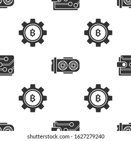 Set Cryptocurrency wallet, Mining farm and Cryptocurrency coin Bitcoin on seamless pattern. Vector
