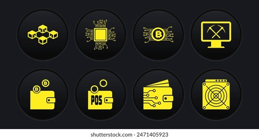 Set Cryptocurrency wallet, Mining with monitor and pickaxe, Proof of stake, , bitcoin circuit and Processor icon. Vector