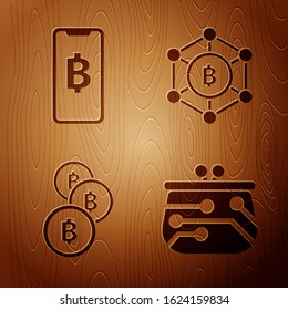 Set Cryptocurrency wallet, Phone mobile and cryptocurrency coin Bitcoin, Cryptocurrency coin Bitcoin and Blockchain technology Bitcoin on wooden background. Vector