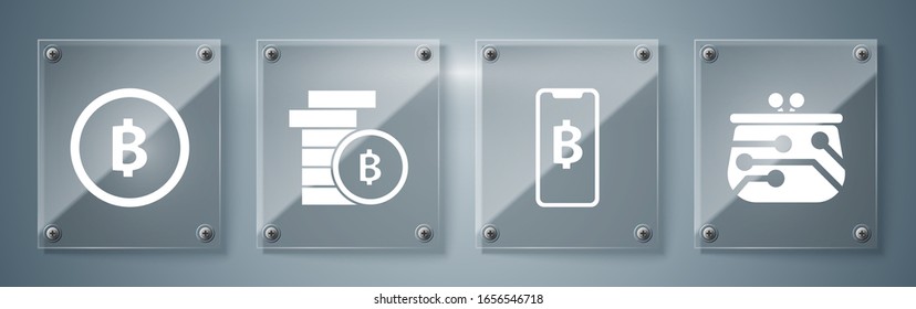 Set Cryptocurrency wallet, Phone mobile and cryptocurrency coin Bitcoin, Cryptocurrency coin Bitcoin and Cryptocurrency coin Bitcoin. Square glass panels. Vector