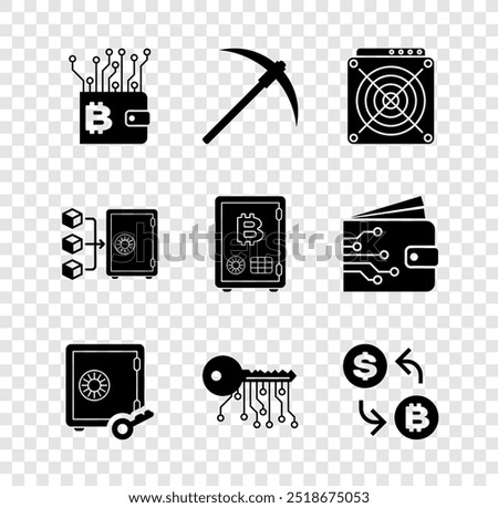 Set Cryptocurrency wallet, Pickaxe, ASIC Miner, Proof of stake, key and exchange icon. Vector